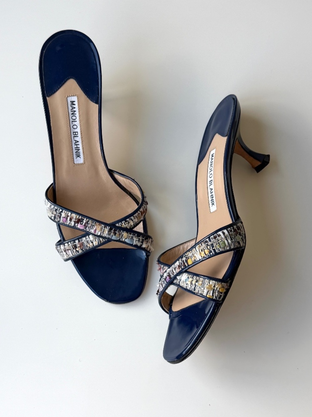 Vintage Manolo Blahnik navy patent leather & tweed slides, IT 39, ~US 8